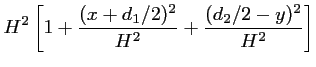 $\displaystyle H^2 \left[1+\frac{(x+d_1/2)^2}{H^2}+\frac{(d_2/2-y)^2}{H^2} \right]$