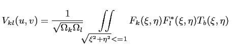 $\displaystyle V_{kl}(u,v) = \frac{1}{\sqrt{\Omega _k\Omega _l}}\iint \limits_{\sqrt{\xi^2+\eta^2}<=1} F_k(\xi,\eta) F_l^{*}(\xi,\eta) T_b(\xi,\eta) \ $