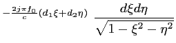 $\displaystyle ^{-\frac{2j\pi f_0}{c}(d_1\xi+d_2\eta)}\ \frac{d\xi d\eta}{\sqrt{1-\xi^2-\eta^2}}$